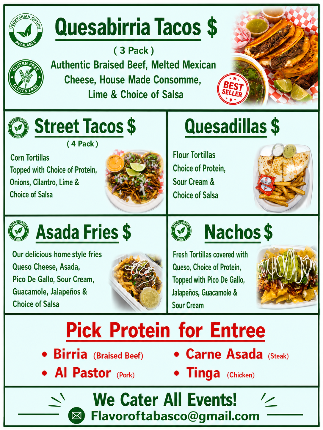 Flavor of Tabasco full menu board showing quesabirria tacos, street tacos, asada fries, quesadillas, nachos, protein options, and catering information